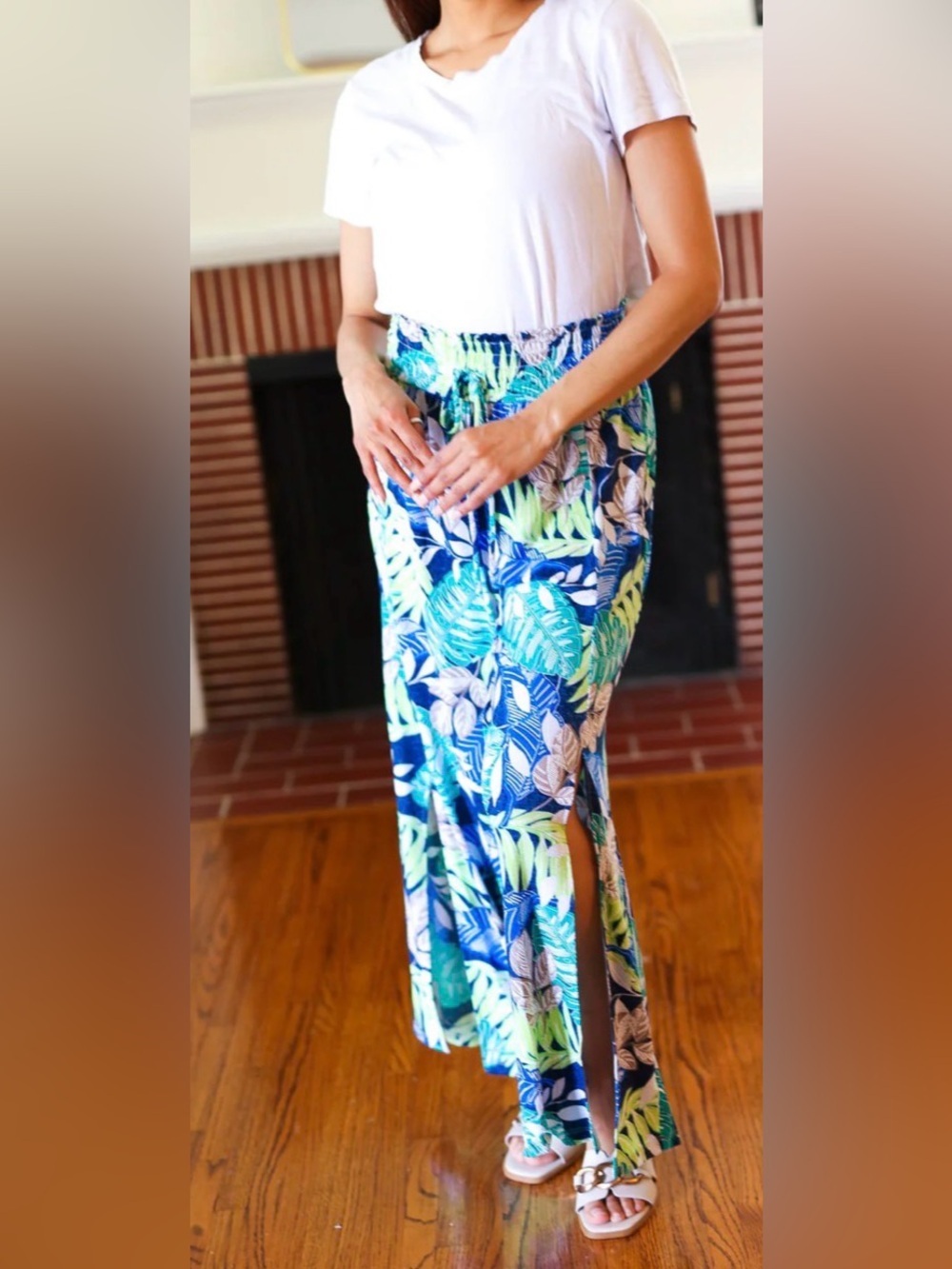 Andthewhy TROPICAL BOHO SMOCKED WAIST SIDE SLIT PALAZZO PANTS